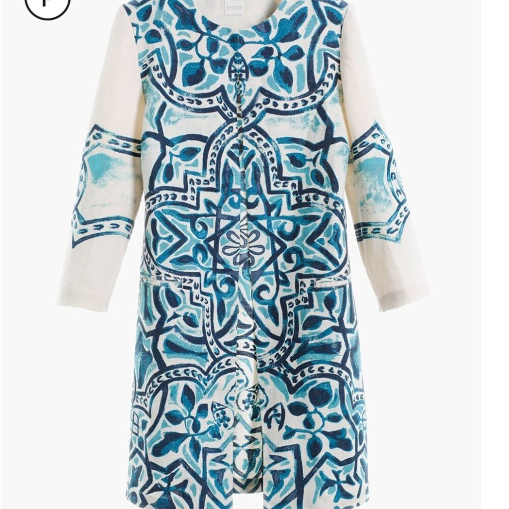 NWOT Chico's Artisan Printed Linen Jacket in Blue and Cream Size XS (0)